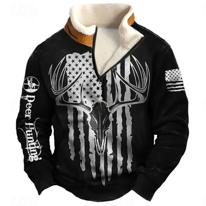 Christmas Men's Letter American Flag Deer Sweatshirt Quarter Zip Sweatshirt Long Sleeve Sweatshirt Stand Collar Quarter Zip Casual Vintage Retro 3D Print Vacation Going out Streetwear Half Zip Fall