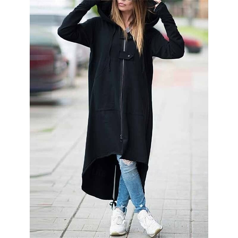 Women's Casual Long Sleeve Hoodie Long Tops Street Dailywear Zipper Pocket Black Gray Fall Winter4