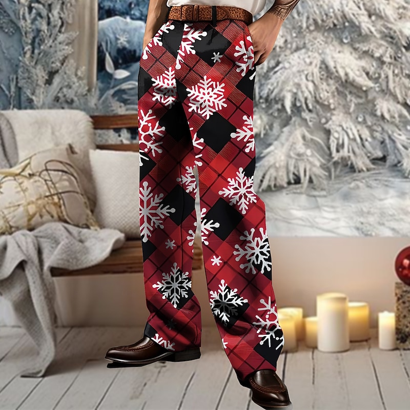 Christmas Men's Plaid Snowflake Dress Pants Mid Waist Fashion Casual Party Outdoor Home Zipper Pocket Straight Leg Trousers Summer Spring Fall 3D Print Red Blue Purple4