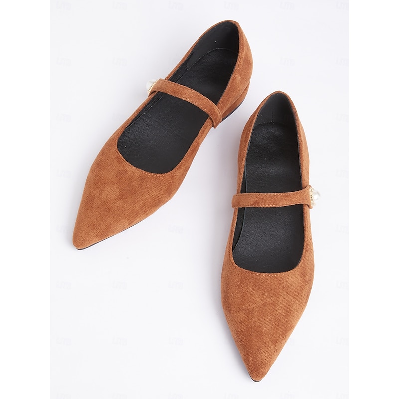 Women's Brown Suede Mary Jane Flats with Pearl Button Accent – Vintage-Inspired Low-Heel Shoes for Casual or Formal Wear