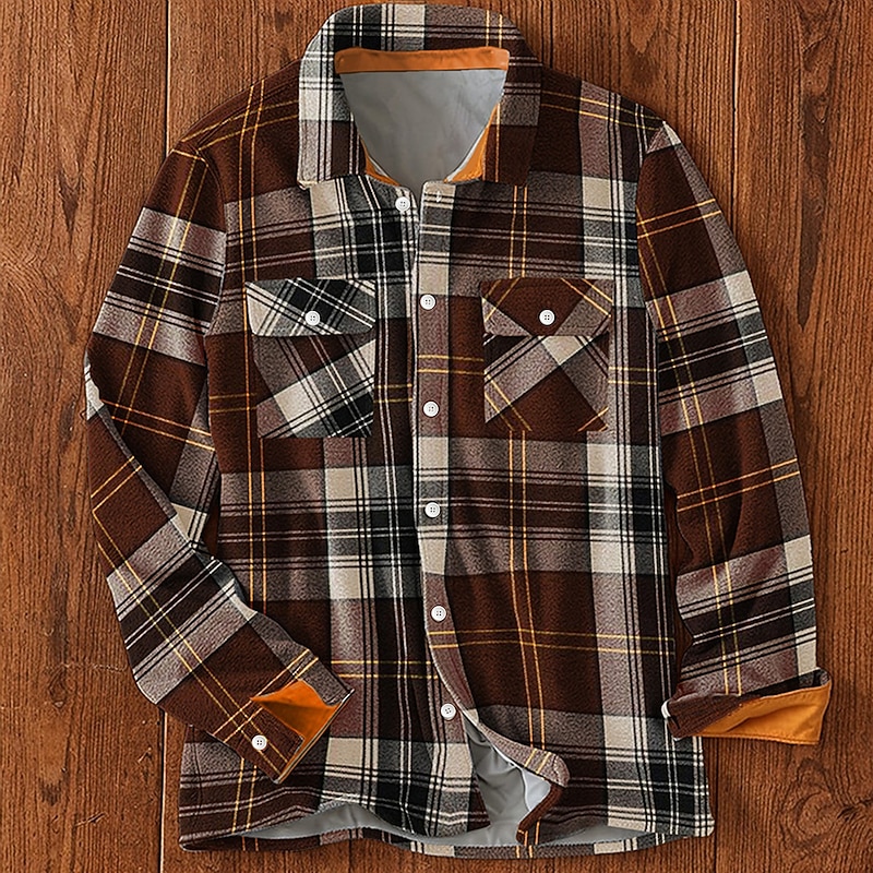 Men's Plaid Fleece Shirt Shirt Jacket Overshirt Long Sleeve Vintage Casual Outdoor Street Daily Wear Fall & Winter Turndown Collared Shirts Buttons 3D Print 2 Pockets Dark Brown Brown