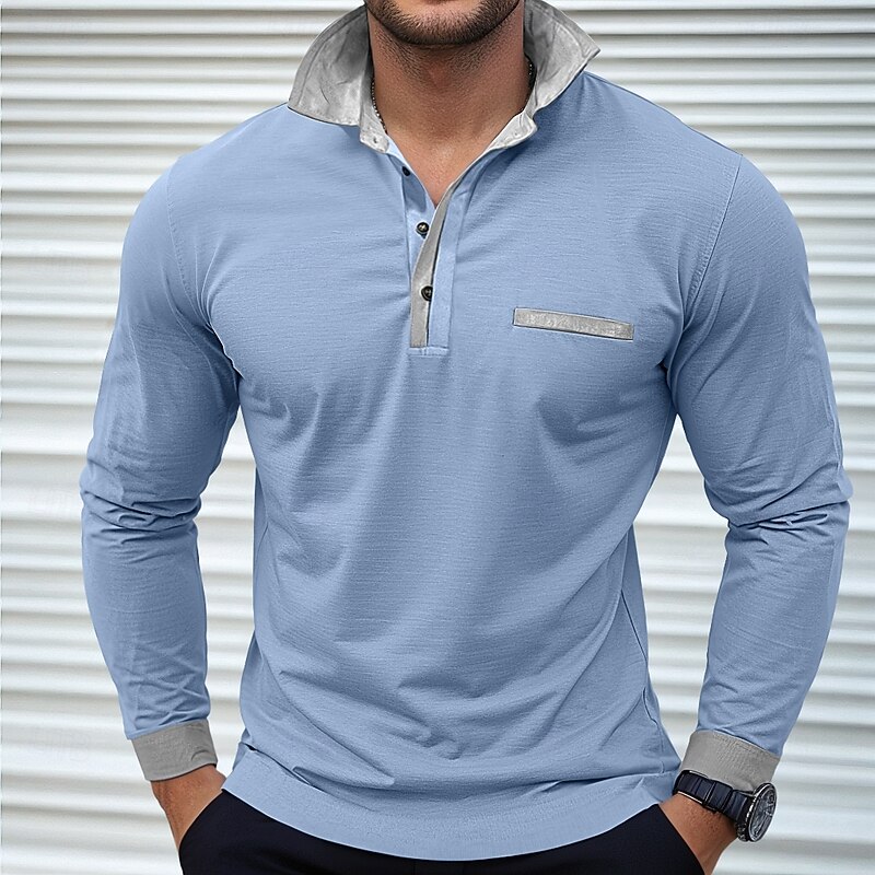 Men's Polo Shirts Golf Polos Shirts Street Business Lapel Classic Long Sleeve Fashion Basic Patchwork Pocket Color Block Fall Winter Cross-Seasons Regular Fit Light Blue Baby blue Black White