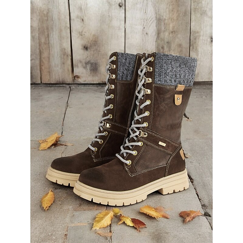 Women's Brown Lace-Up Winter Boots – Faux Leather, Knit Cuff Design, Insulated Lining, Rugged Sole for Cold Weather and Outdoor Adventures