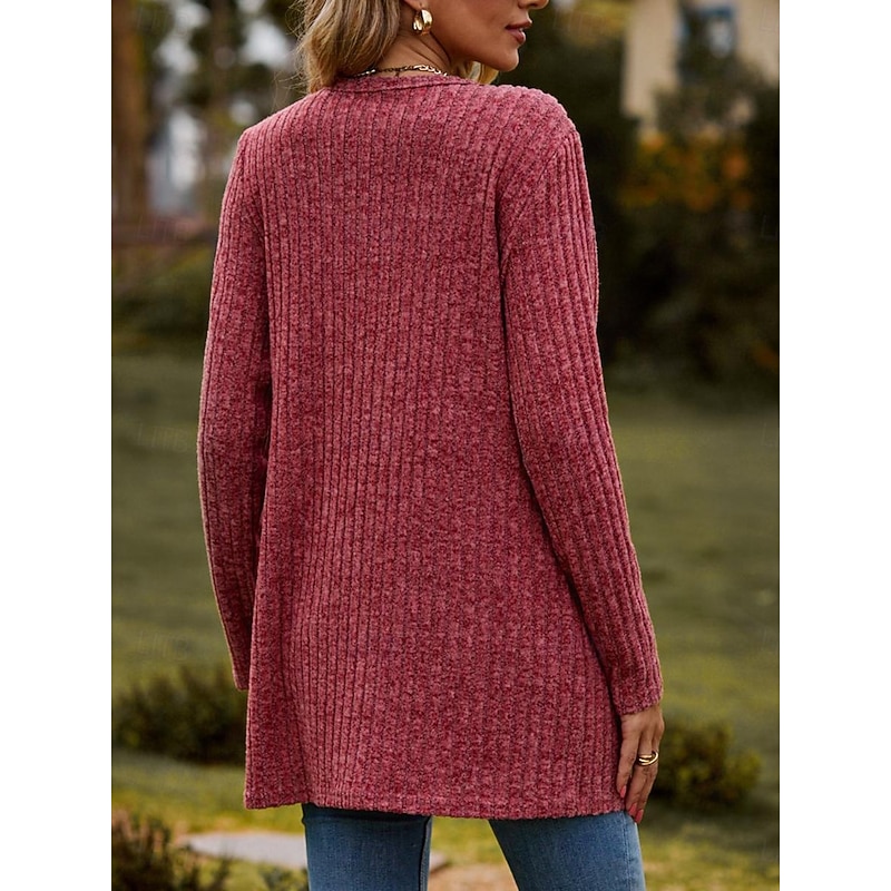 Women's Textured Jackets Cardigan Casual Solid Color Plain Ribbed Asymmetrical V Neck Pocket Buttons Twisted Long Sleeve Regular Tops Knit Daily Wine Army Green Spring Fall2