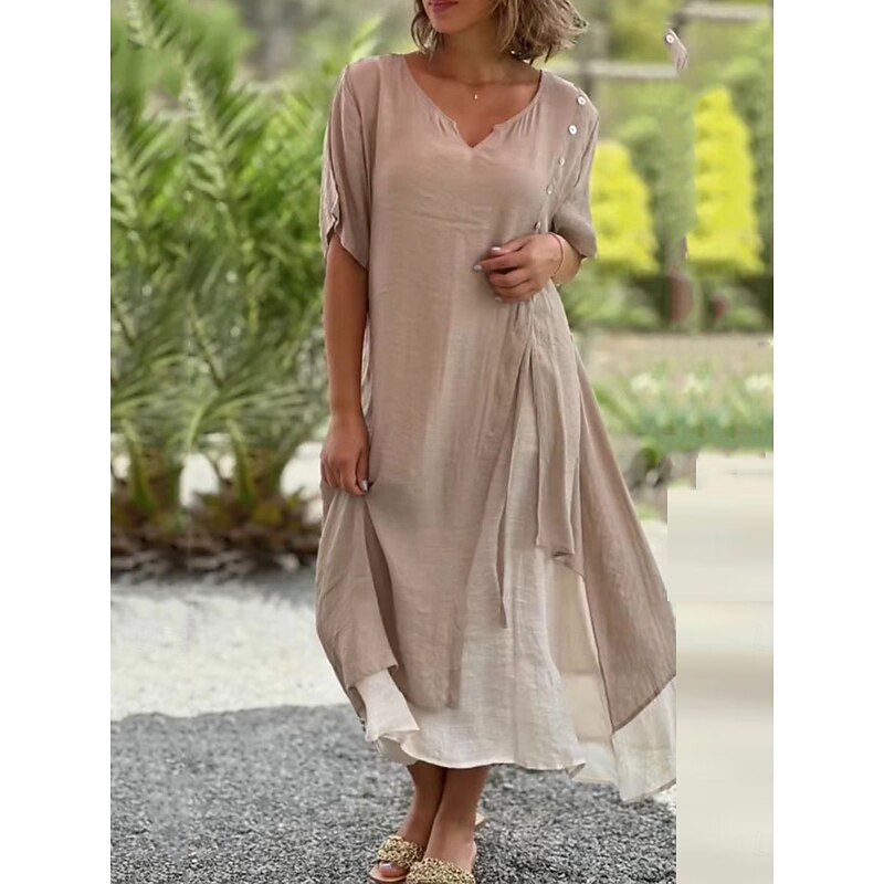 Women's Maxi Dress Linen-Inspired Dresses Casual Dress Plain Dress Cotton Maxi Dress Casual Sports & Outdoor Street Regular Fit Plain 3/4 Length Sleeve Stand Collar Black Khaki Summer
