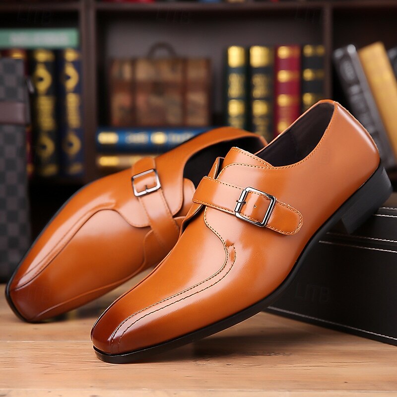 Men's Classic Tan Monk Strap Shoes – Faux Leather Dress Shoes with Polished Finish, Perfect for Formal Events and Business Wear4