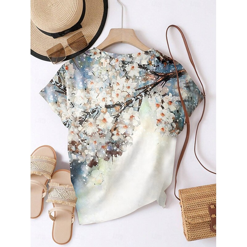 Women's T Shirt Floral Plants Casual Short Sleeve Round Neck Regular Tops Daily Print White Summer Spring2