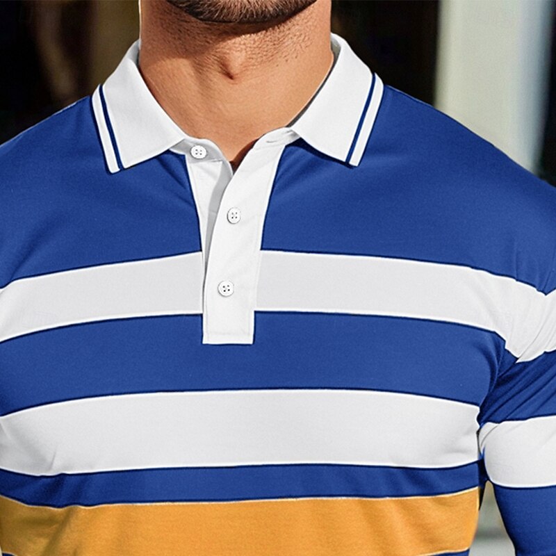 Men's Color Block Stripes Rugby Polo Shirts Long Sleeve Polo Shirts Lapel Classic Fashion 3D Print Modern Casual Sports Stripe Fall Winter Black Blue Purple2