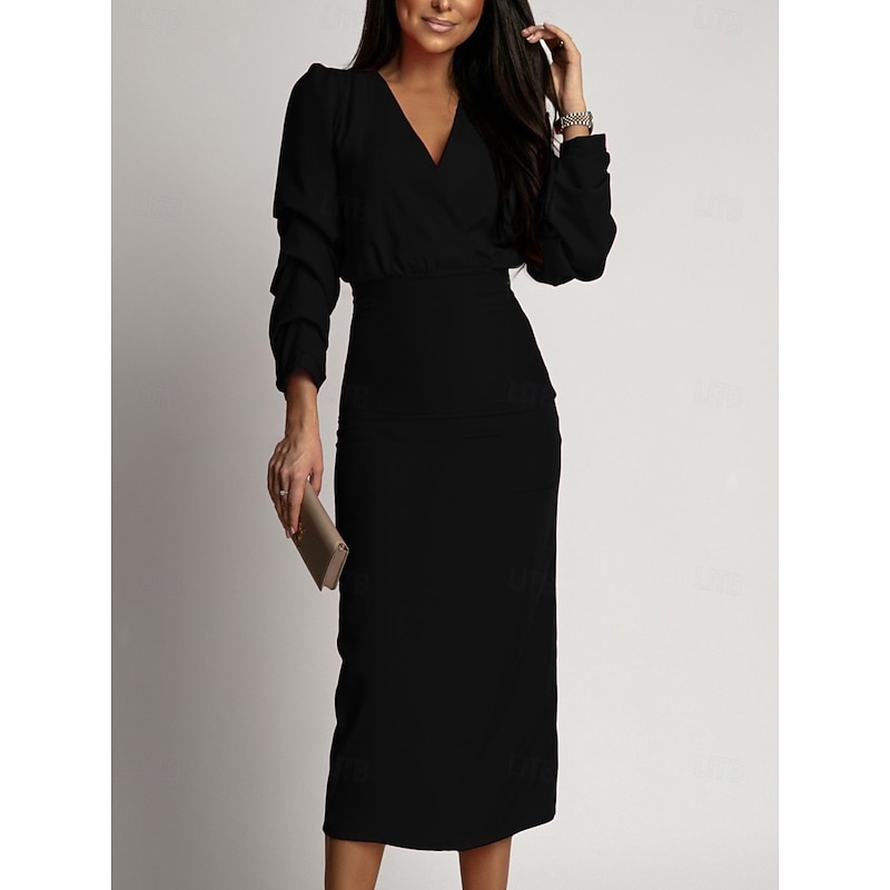 Women's Midi Dress Black Dress Knit Dress Winter Dress Cocktail Dress Elegant Dress Office Regular Fit Solid Color Long Sleeve V Neck ArmyGreen Black Fall Winter
