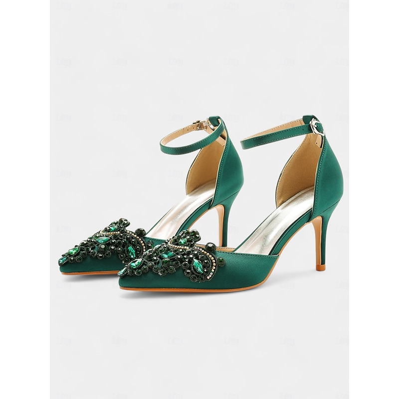 Women's Emerald Green Satin Ankle Strap Heels – Pointed Toe Cocktail Shoes with Crystal Embellishments for Parties and Weddings3