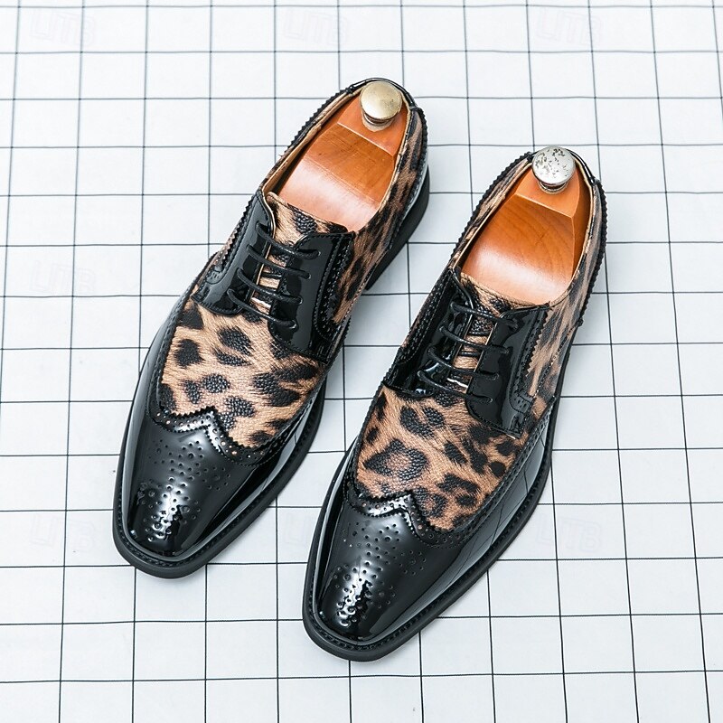 Men's Leopard Print Oxford Shoes - Patent Faux Leather Accents with Brogue Detailing for Formal and Party Occasions4