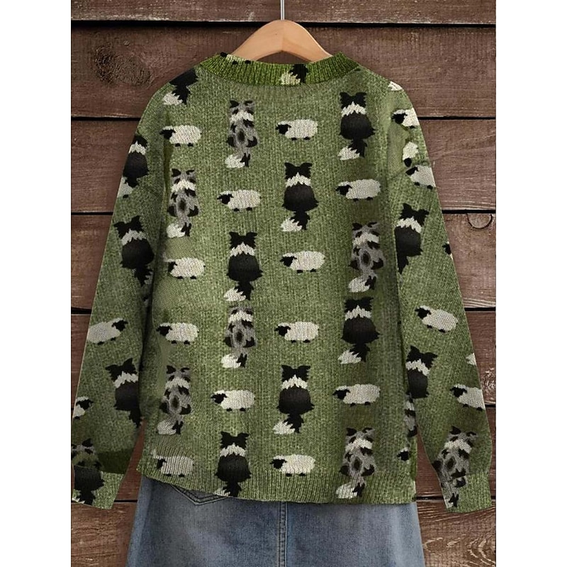 Women's Sweater Daily Graphic Animal Ribbed Crew Neck Print Drop Shoulder Long Sleeve Regular Tops Knit Formal Weekend Green Fall Winter2