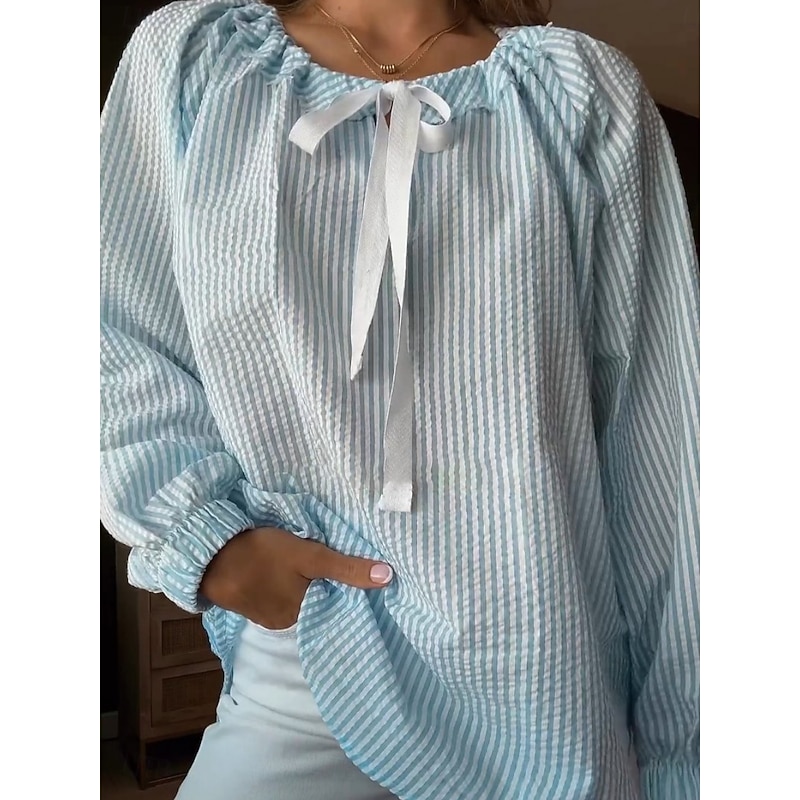 Women's Shirt Blouse Striped Basic Casual Long Sleeve Crew Neck Regular Tops Daily Print Pink Khaki Light Blue Spring &  Fall2