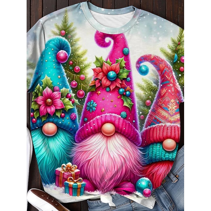 Women's T shirt Christmas New Year Christmas Long Sleeve Pink Spring, Fall, Winter, Summer