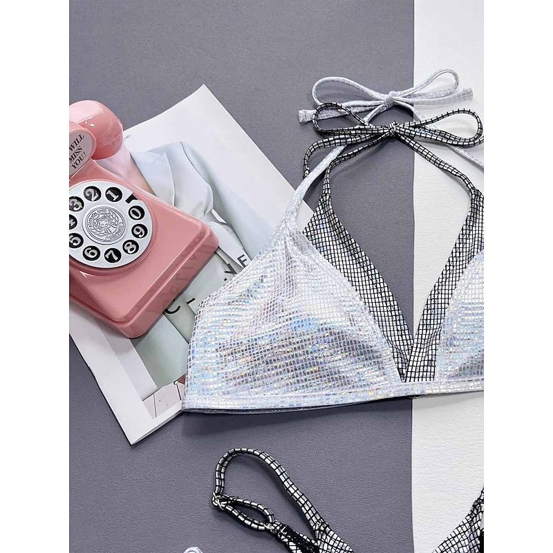 Women's Swimwear Bikini 2 Piece Thong Swimsuit Backless Glitter Slim Vacation Beach Wear Solid Color Halter Neck Sleeveless Bathing Suits3