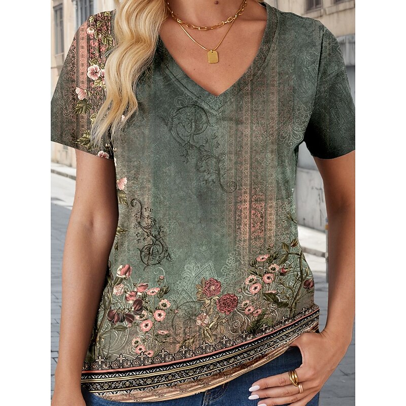 Women's T Shirt Vintage Casual Short Sleeve V Neck Regular Tops Daily Print Army Green Summer Spring3