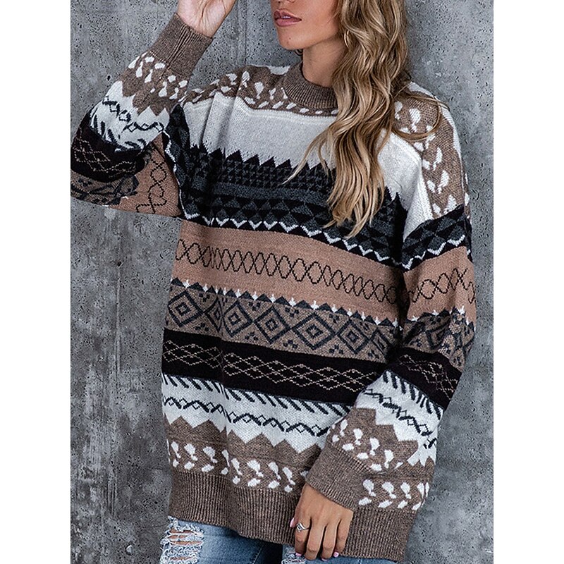 Women's Sweater Casual Soft Geometric Ribbed Crew Neck Knitted Long Sleeve Regular Tops Knit Outdoor Daily Weekend Pink Red Fall Winter3