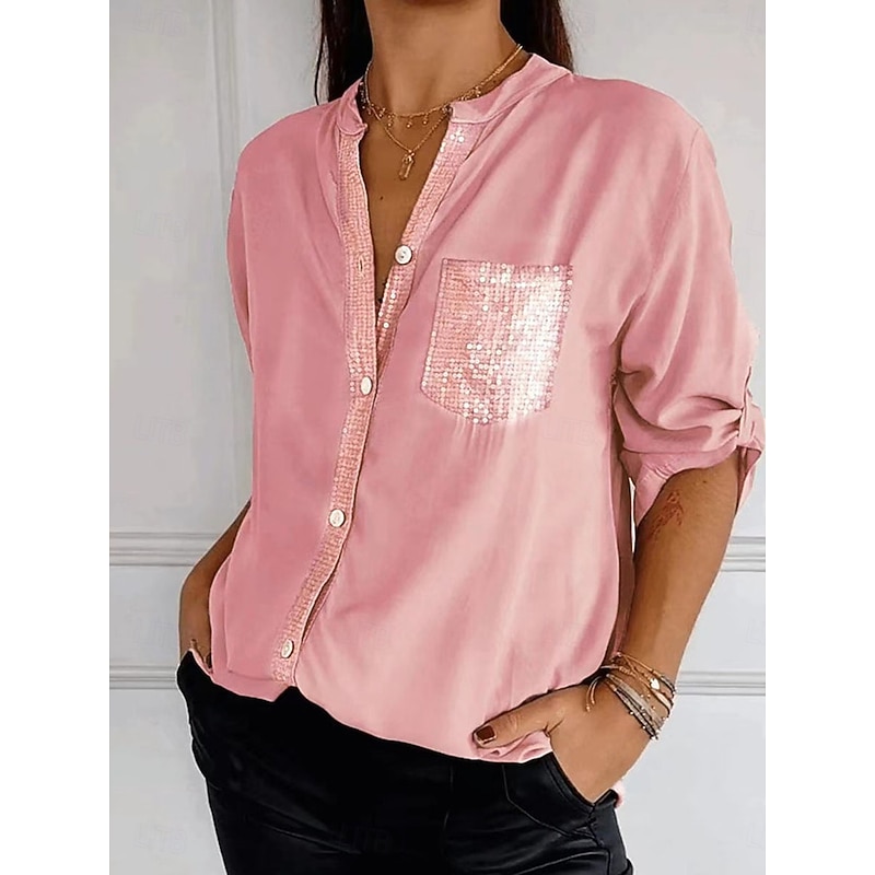 Women's Shirt Elegant Dressy Satin Solid Color Basic Casual Long Sleeve V Neck Regular Tops Daily Sequins Patchwork Pocket Black Pink Green Fall3