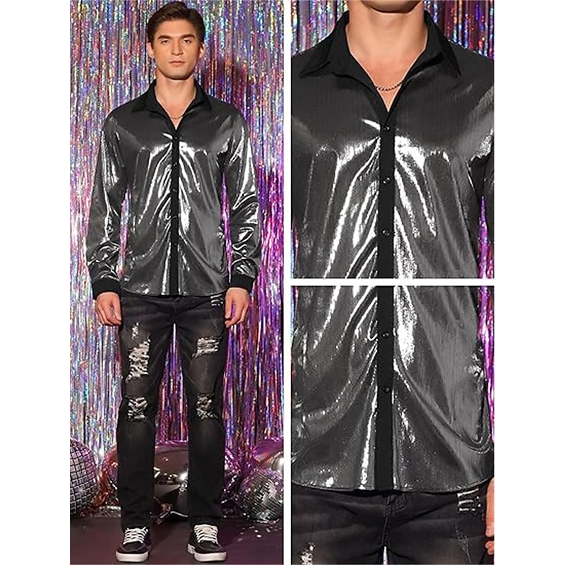 Retro Vintage 1970s 1980s Shirt Disco Shiny Metallic Fancy Dress Men's Carnival Costume Halloween Carnival Performance Party Club Adults' Shirt2