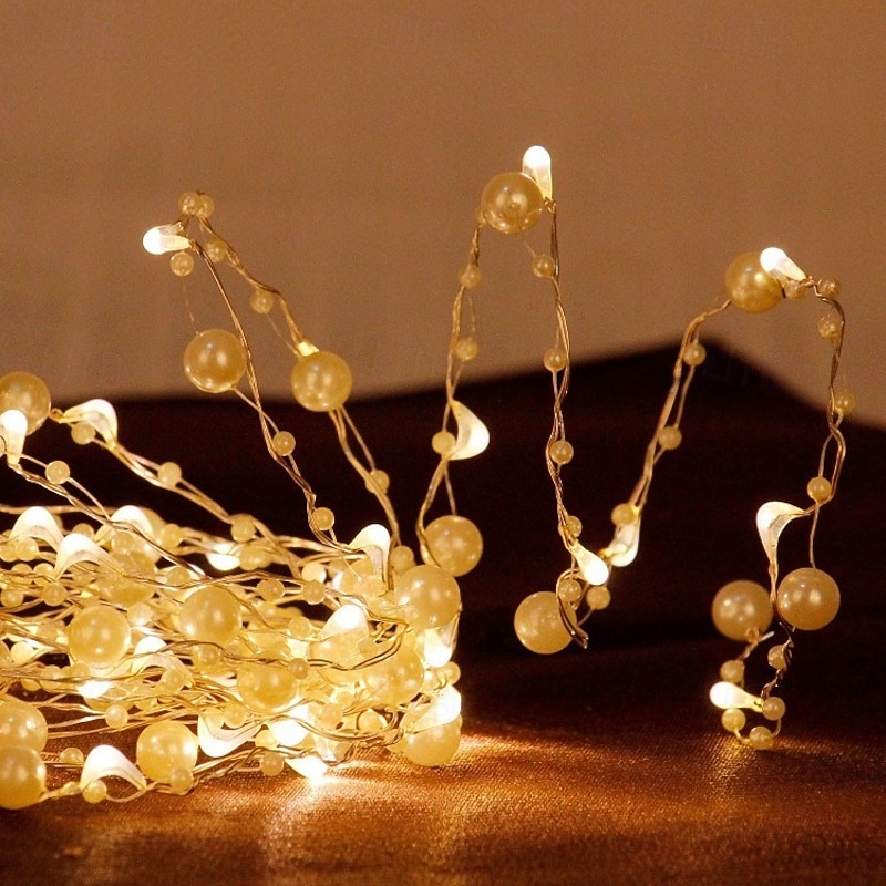 Valentine's Day Simulation Pearl Wire Copper String Lights 5m 50LED Battery Powered Fairy Lights Christmas Wedding Birthday Party Flowers Family Garland Holiday Decorations2