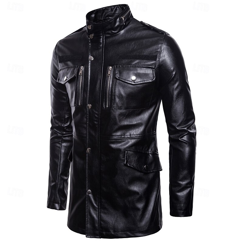 Men's Faux Leather Jacket Biker Jacket Motorcycle Jacket Home Office Windbreaker Pocket Winter Spring &  Fall Solid Color Vintage Classic Style Regular Black Jacket