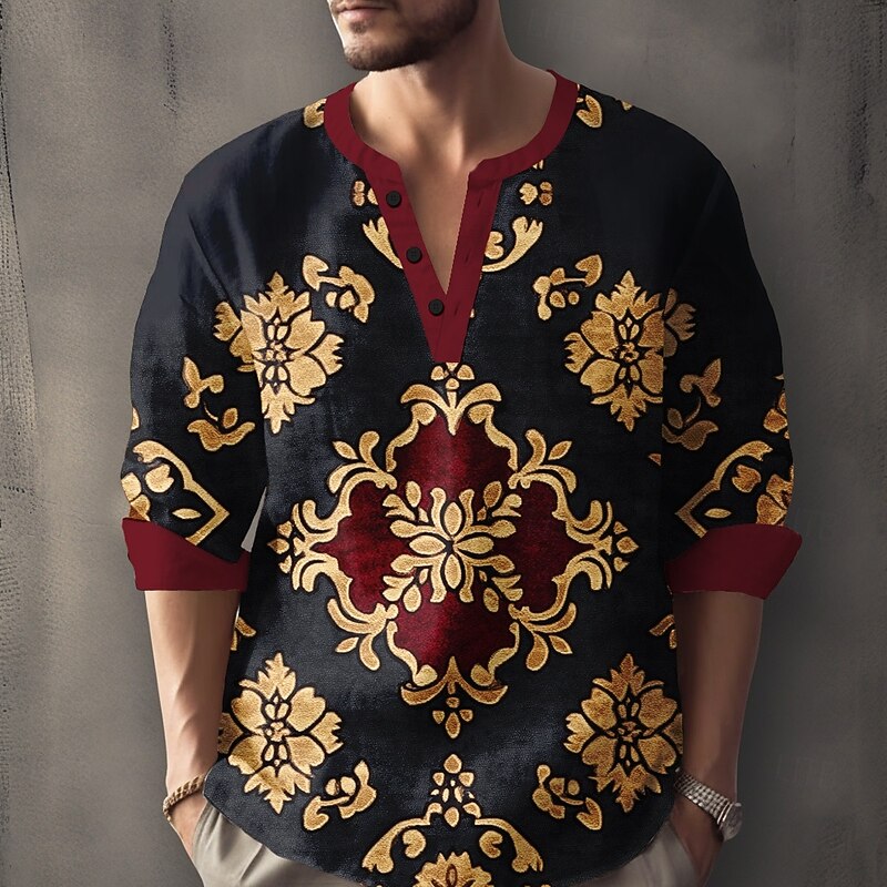 Men's Floral Shirt Button Up Shirt Henley Shirt Long Sleeve Vintage Casual Vacation Daily Beach Wear Summer Spring Fall Collarless V Neck 3D Print Buttons Black
