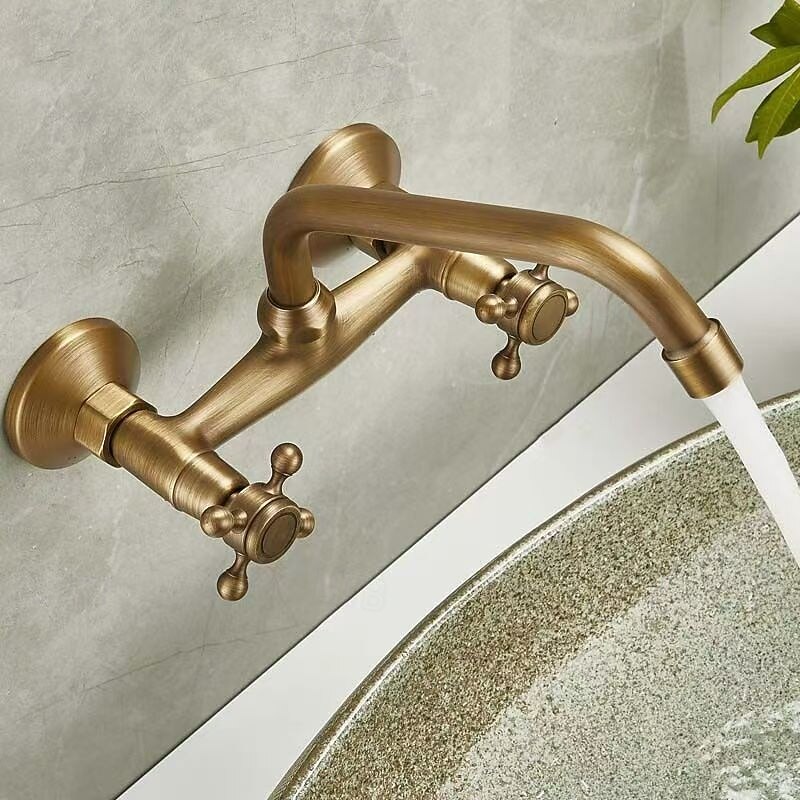 Sink Basin Mixer Tap Wall-Mounted Concealed Bathroom Sink Faucet Brushed Retro Brass Antiquefaucet Golden Widespread Wall Mounted2