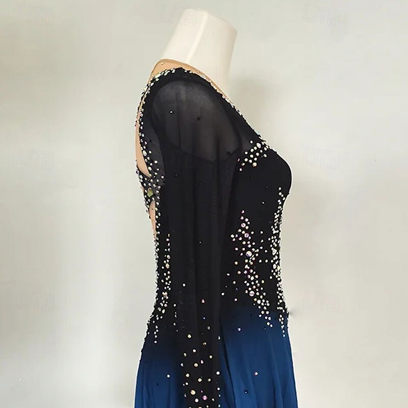 Figure Skating Dress Women's Girls' Ice Skating Dress Blue Black High Elasticity Training Competition Skating Wear Classic Crystal / Rhinestone Long Sleeve Ice Skating Figure Skating3