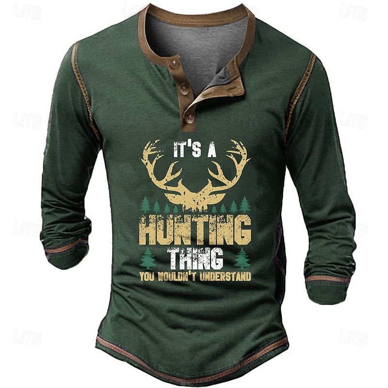 Men's Letter Print Deer Henley Shirt Long Sleeve 3D Print Cowboy Casual Holiday Going out Summer Spring Fall Black Navy Blue Army Green Henley Henley T-Shirt
