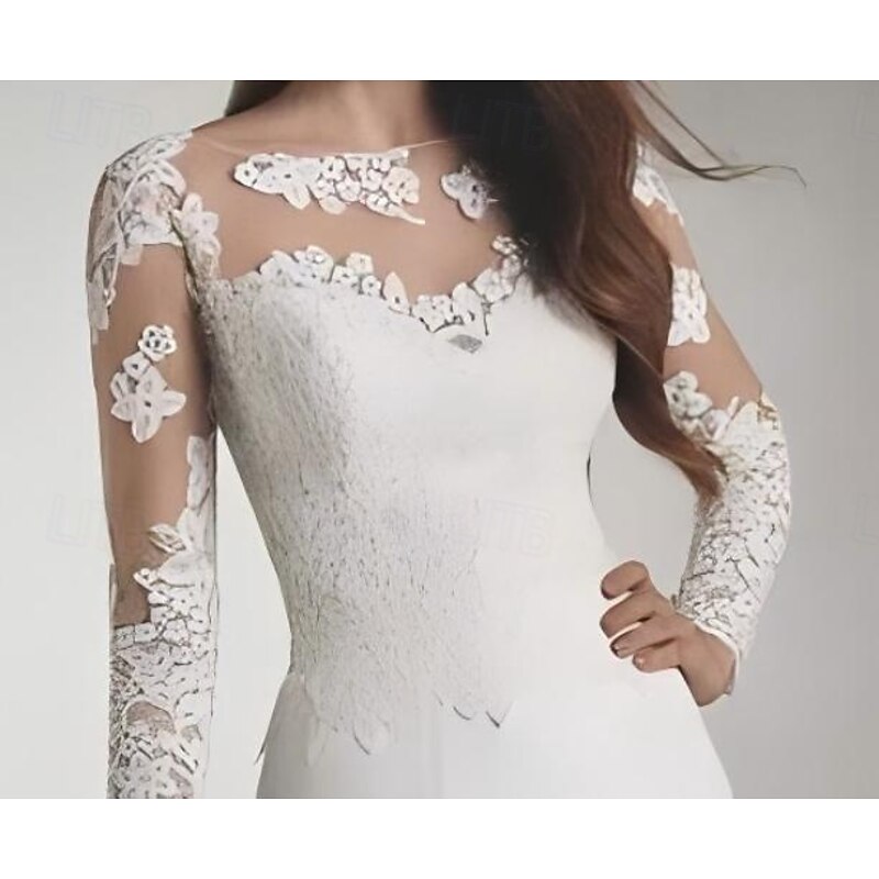 Beach Wedding Hall Casual Wedding Dresses Jumpsuits Illusion Neck Long Sleeve Floor Length Chiffon Bridal Gowns With Appliques3