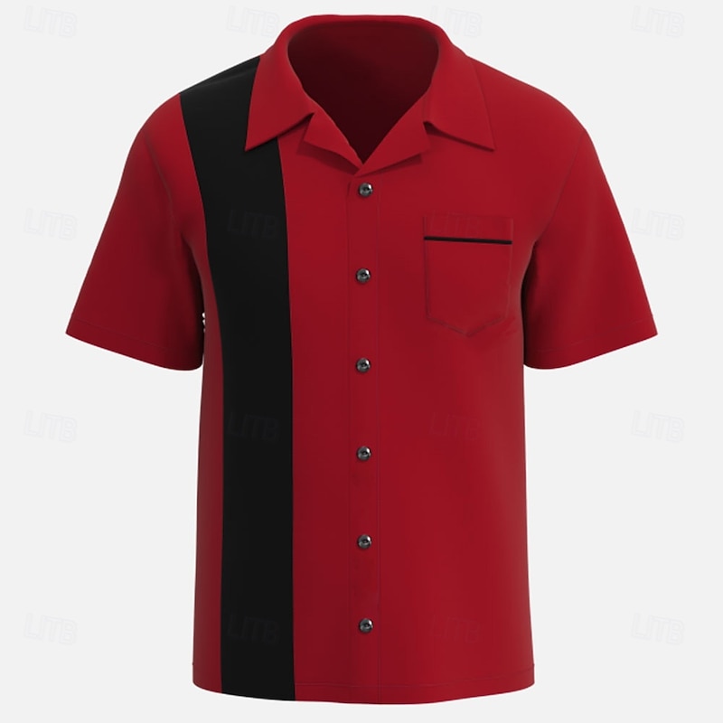 Men's Solid Color Bowling Shirt Button Up Shirt Short Sleeve Sporty Sport Traveling Summer Turndown Pocket Black White Pink Red