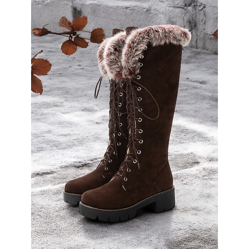 Women's Faux Suede Knee-High Lace-Up Boots with Faux Fur Cuffs – Stylish Winter Footwear with Chunky Sole4
