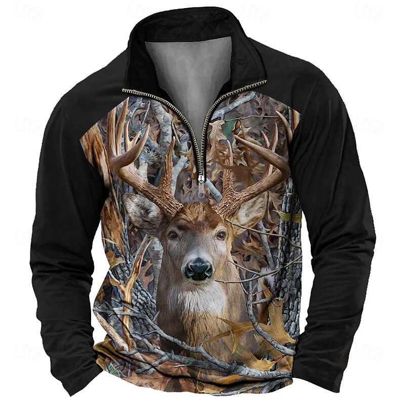 Men's Deer Zip Polo Shirts Long Sleeve Polo Shirts Collared Shirts Vintage Casual Outdoor Street Dailywear 3D Print Spring Fall & Winter Black Brown Khaki