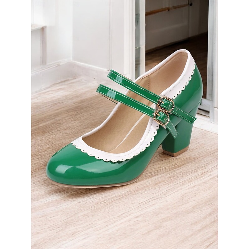 Women's Green Mary Jane Heels with White Decorative Stitching and Double Buckle Straps – Retro-Inspired Footwear for Parties and Formal Occasions