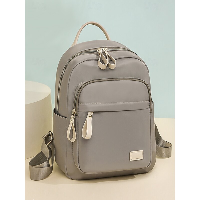 Women's Khaki Waterproof Nylon Backpack with Multi Zipper Pockets – Lightweight Casual Daypack for School, Work, or Daily Use