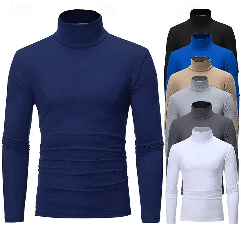 Men's T Shirt Turtleneck shirt Long Sleeve Shirt Long Sleeve Rolled collar Fall & Winter Plain Lightweight Classic Casual Outdoor Casual Sports Black White Navy Blue Top Tee for Men