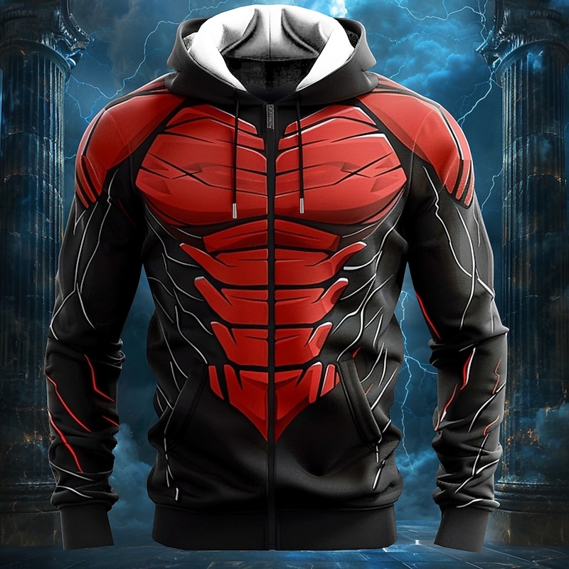 Men's Cartoon Muscle Hoodies Fashion Cool Long Sleeve Hooded Vacation Going out Gym Red Drawstring Fall Winter Designer