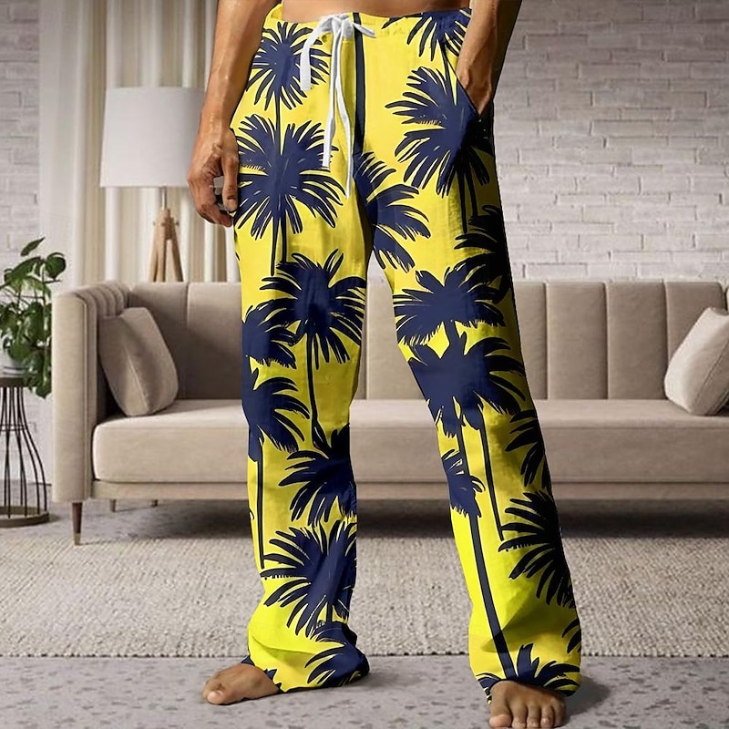 Men's Palm Tree Pants Trousers Mid Waist Drawstring Elastic Waist Hawaiian Casual Outdoor Holiday Beach Wear Straight Leg Trousers Summer Spring Fall 3D Print Yellow Pink Blue4