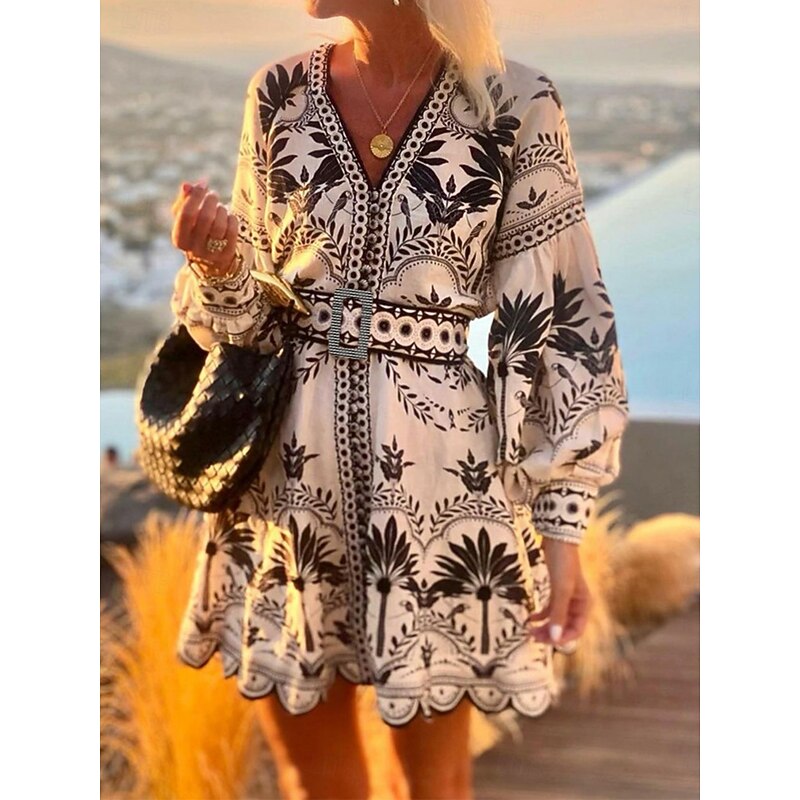 Women's Floral V Neck Mini Dress Long Sleeve Summer Spring4