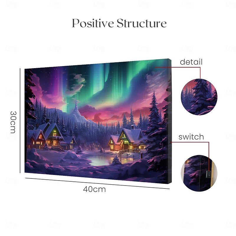 Snow Village LED Canvas Wall Art LED Lighted Up Wall Decor 2AA Battery Operated Lighted Canvas Print LED Light Kitchen Bedroom or Home Decor Winter Wonderland Nothern Light 5