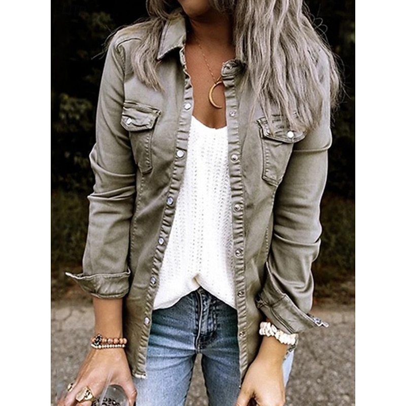 Women's Shirt Long Sleeve Shirt Collar Black Army Green Gray Spring &  Fall