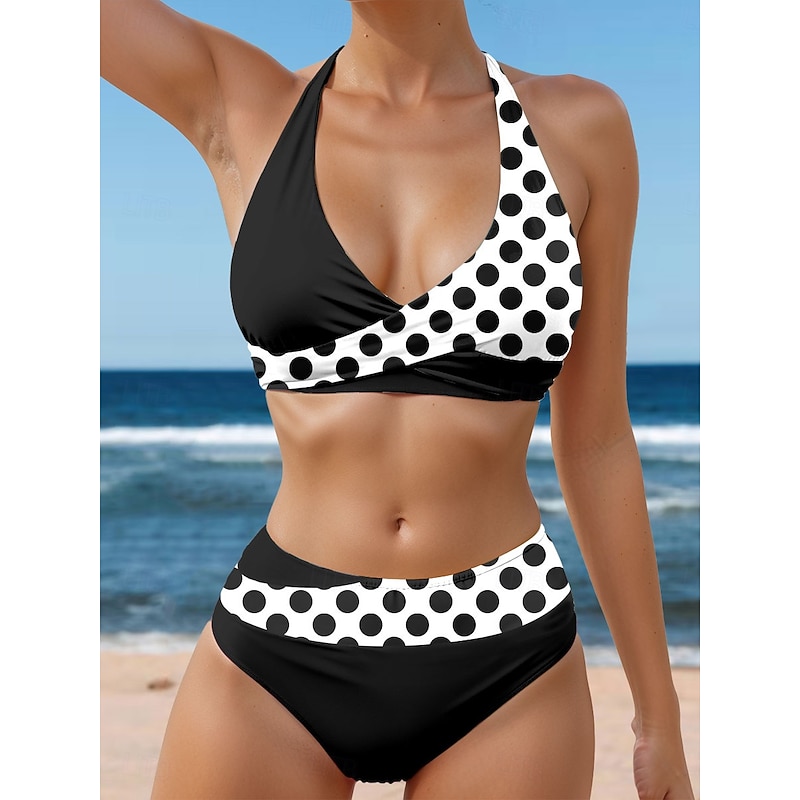 Women's Swimsuits Bikini 2 Piece Cheeky Swimsuit Backless Vacation Beach Wear Polka Dot Halter Neck Sleeveless Bathing Suits