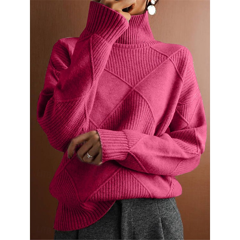 Women's Sweater Casual Soft Pure Color Ribbed Turtleneck Knitted Long Sleeve Regular Tops Knit Outdoor Daily Weekend Fuchsia Orange Fall Winter2