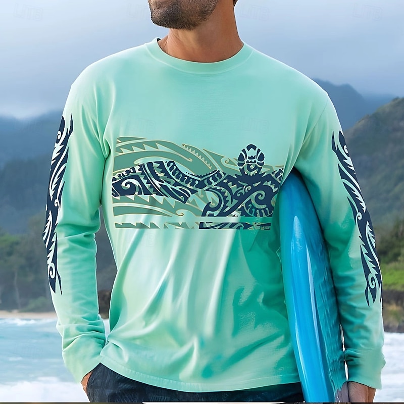 Men's Turtle Maori T Shirt Long Sleeve T shirt 3D Print Crew Neck Shirt Vacation Tropical Daily Casual Hawaiian Holiday Green Summer Spring Fall Clothing Apparel S M L XL XXL XXXL