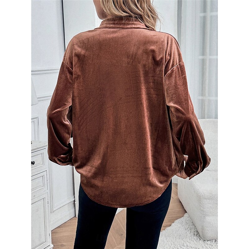 Women's Shirt Blouse Solid Color Basic Casual Long Sleeve Shirt Collar Regular Tops Daily Buttons Pocket Red Brown Green Fall Winter2