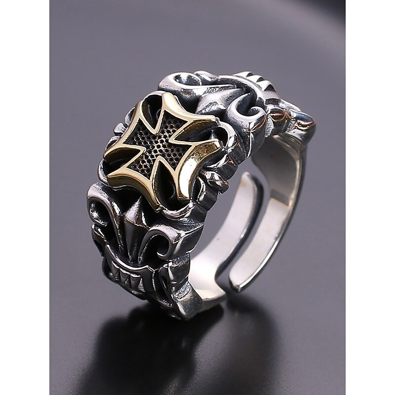 Men's Gothic Silver Ring with Cross Detail – Vintage Style Adjustable Band, Intricate Skull and Cross Design for Punk Rock Fashion
