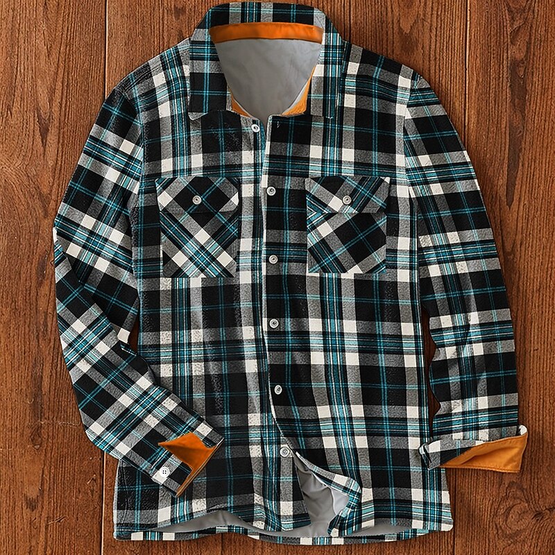 Men's Plaid Fleece Shirt Shirt Jacket Overshirt Long Sleeve Vintage Casual Outdoor Street Daily Wear Fall & Winter Turndown Collared Shirts Buttons 3D Print 2 Pockets Red Blue