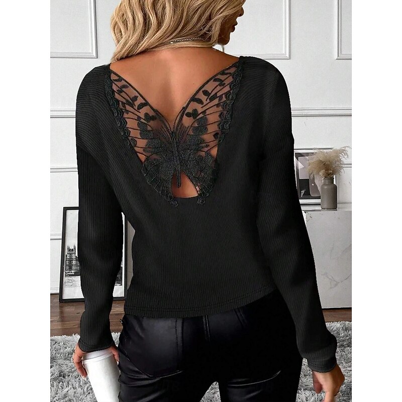 Women's Elegant Lace Tops Eyelet Sexy Blouse Casual Solid Color Regular Tops Long Sleeve Crew Neck Lace Patchwork Regular Fit Daily Black Romantic Petite Tops Summer Holiday Wear Evening Tops