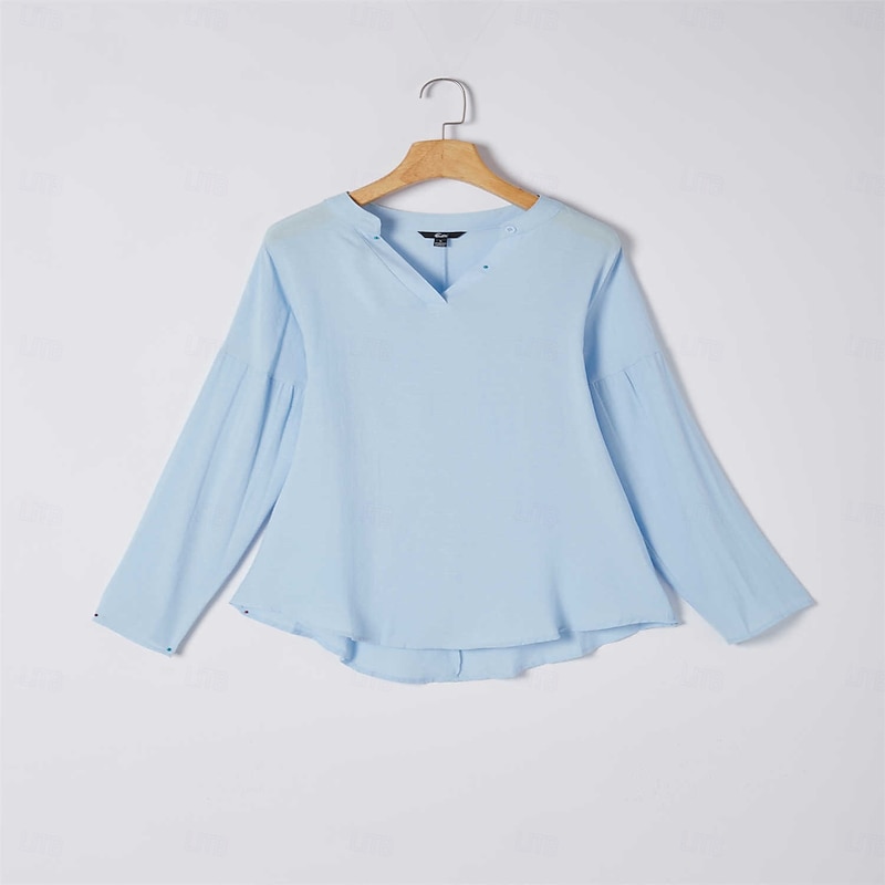 Women's Shirt Cotton Linen Shirts Blouse Dressy Tops Solid Color Plain Basic Long Sleeve Notched Neck Regular Tops Casual Daily White Pink Sky Blue Green Grey Spring Fall2