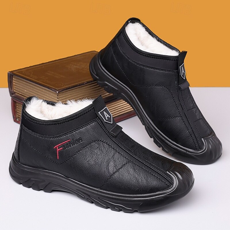 Men's Black Waterproof Winter Slip-On Shoes – Warm Faux Fur Lining, Durable Non-Slip Sole, Perfect for Cold Weather and Outdoor Activities4